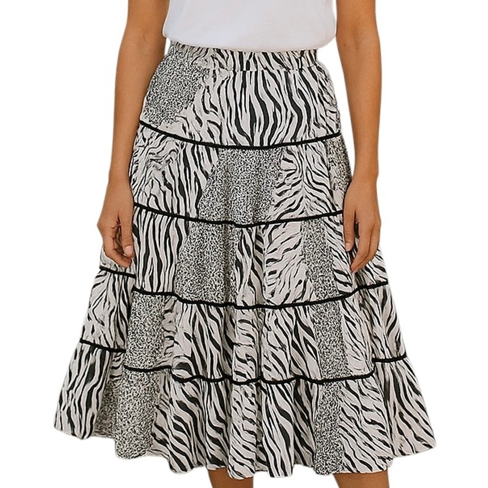 Carrie Allen Black White Animal Print Maxi Drop Waist Circle Skirt Size MEDIUM